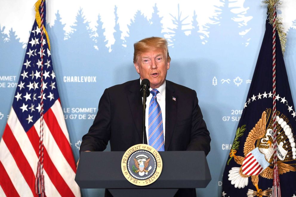 PHOTO: President Donald Trump speaks to reporters, June 9, 2018, during the G7 Summit in La Malbaie, Quebec, Canada.