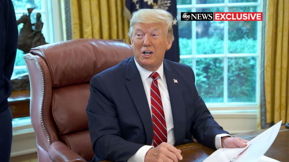 PHOTO: ABC News' George Stephanopoulos talks with President Donald Trump in the Oval Office of the White House.