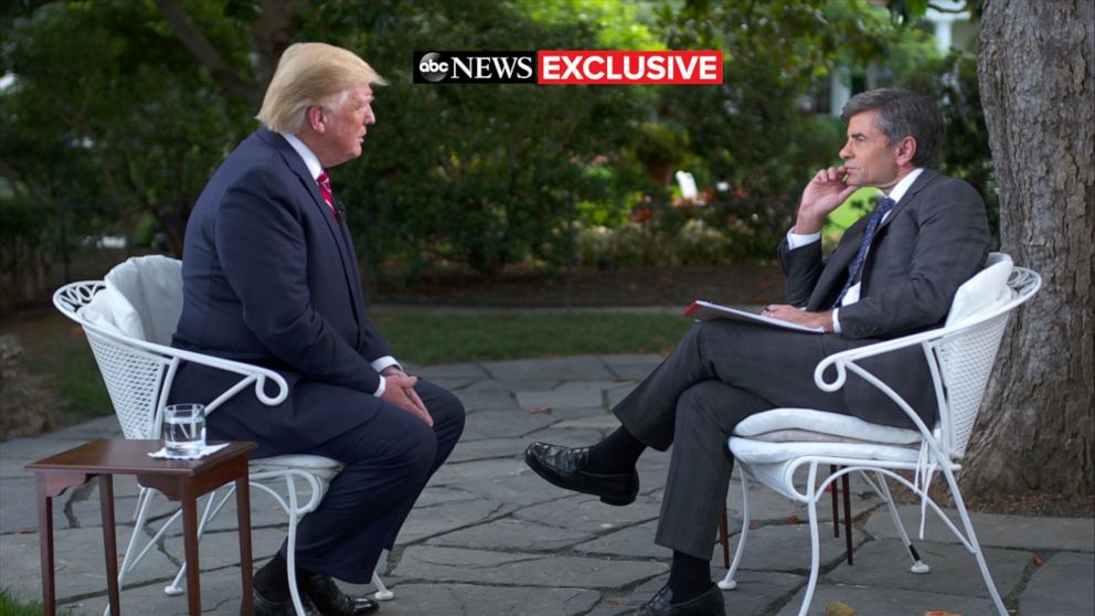 PHOTO: ABC News' George Stephanopoulos talks with President Donald Trump at the White House in Washington, June 12, 2019.