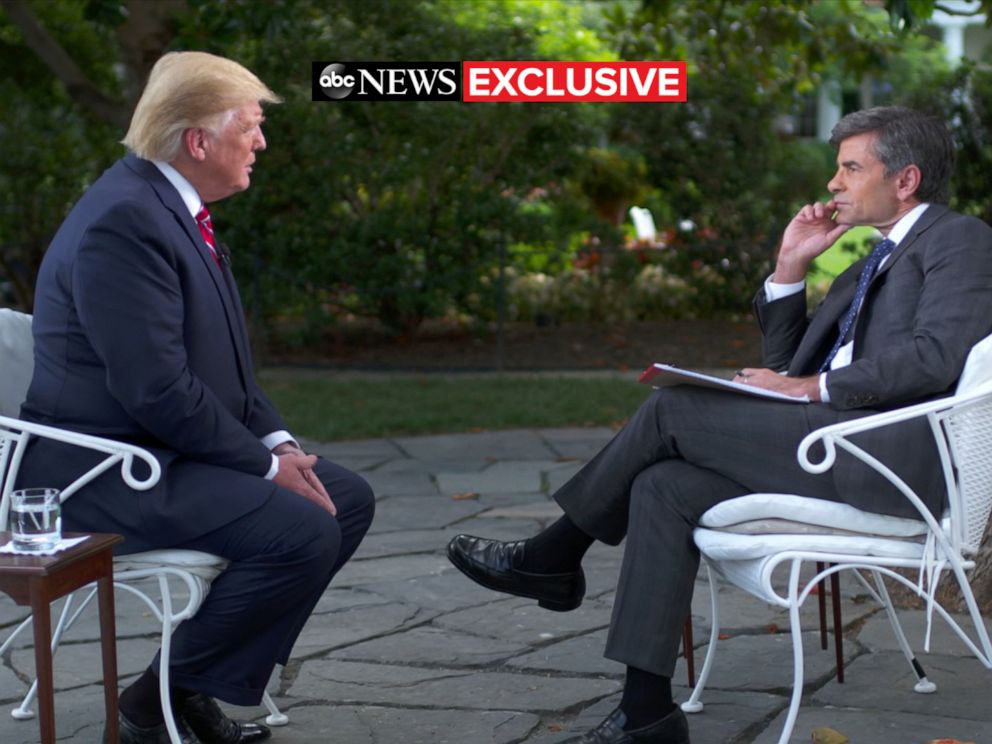 PHOTO: ABC News George Stephanopoulos talks with President Donald Trump at the White House in Washington, June 12, 2019.