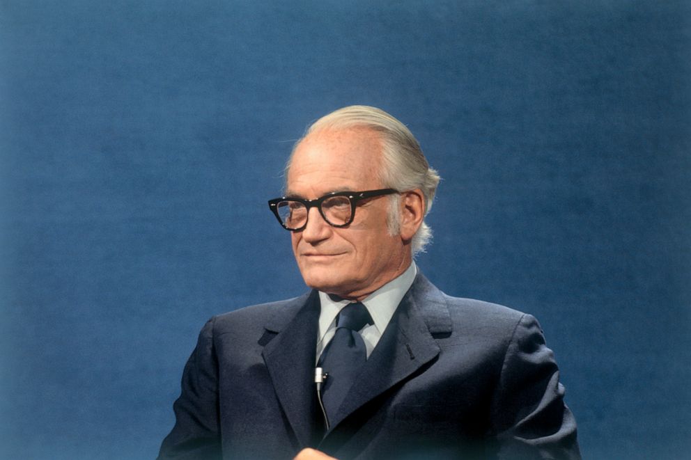PHOTO: Senator Barry Goldwater is interviewed for the television show "Face The Nation", April 27, 1975.
