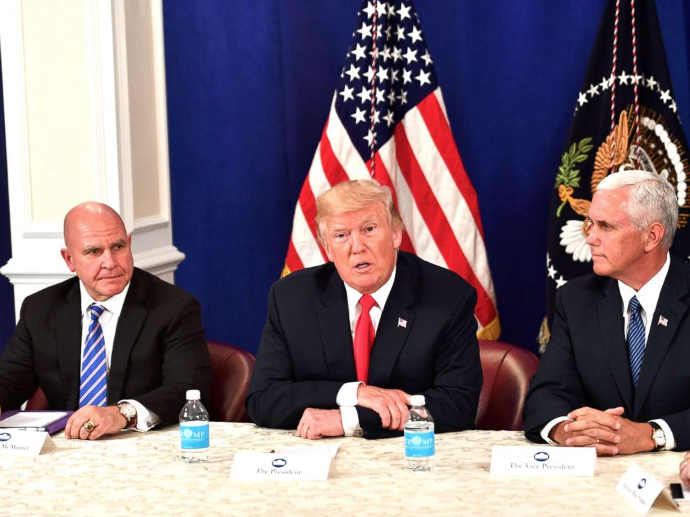 PHOTO: President Donald Trump, with National Security Advisor H. R. McMaster (L) and Vice President Mike Pence, speaks during a security briefing on Aug. 10, 2017, at his Bedminster National Golf Club in New Jersey.