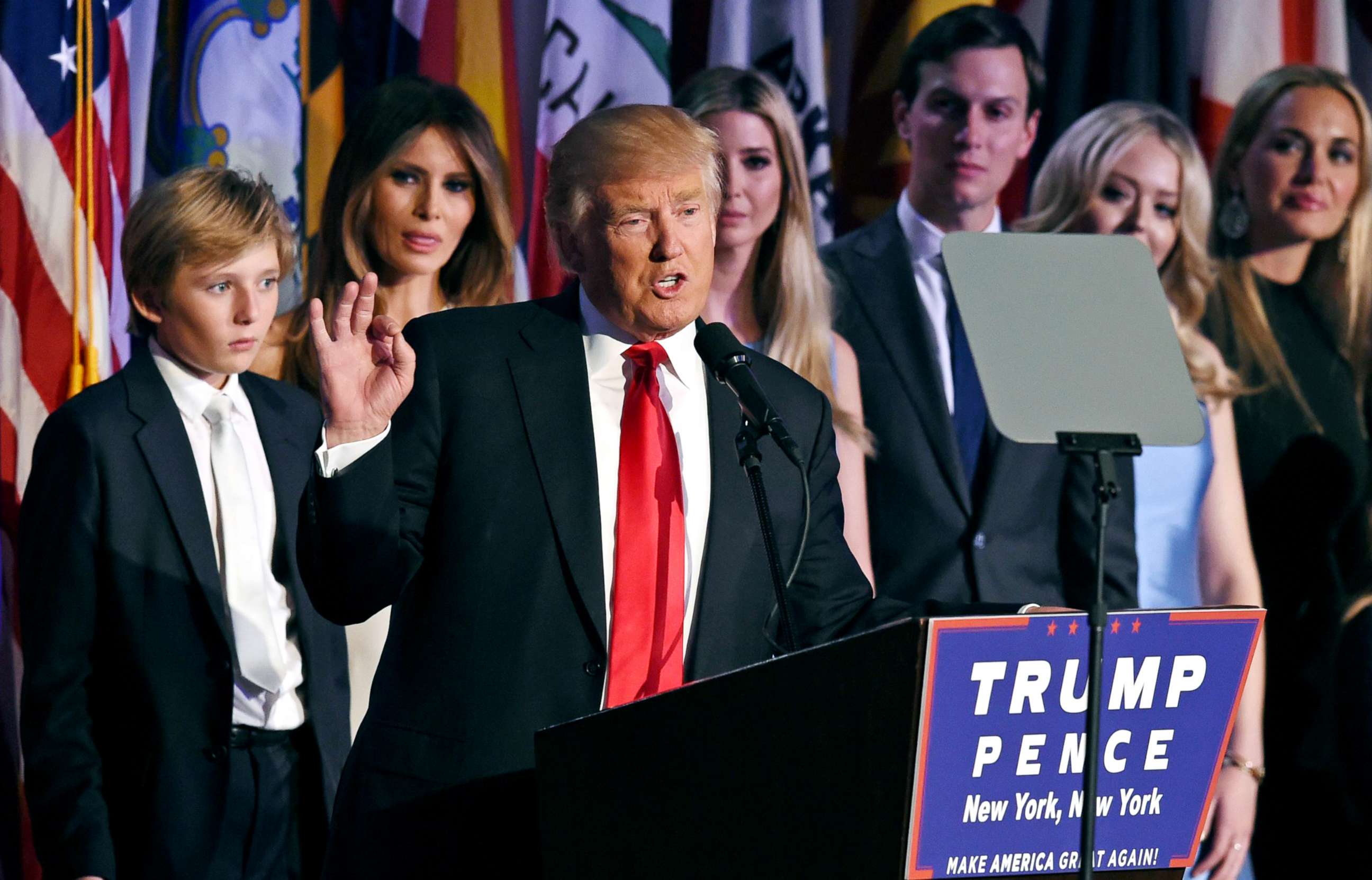 PHOTO: President-elect Donald Trump arrives on stage with his family to speak to supporters on election night in New York, Nov. 9, 2016.