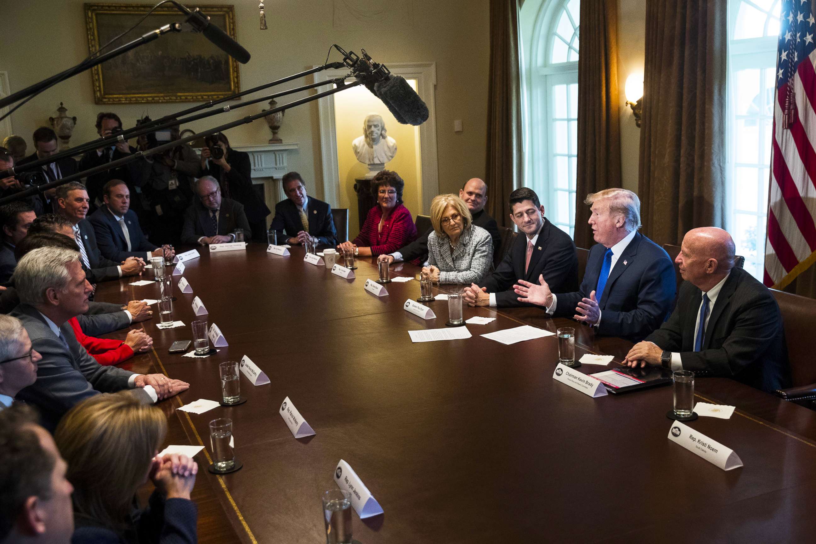 PHOTO: President Donald Trump speaks about tax reform legislation during a meeting with members of the House Ways and Means Committee in the Cabinet Room at the White House, Nov. 2, 2017.