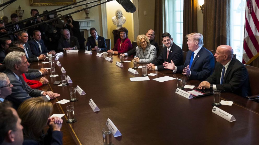 President Donald Trump speaks about tax reform legislation, flanked by Speaker of the House Paul Ryan and House Ways and Means Committee chairman Rep. Kevin Brady, during a meeting with members of the House Ways and Means Committee in the Cabinet Room at the White House, Nov. 2, 2017.