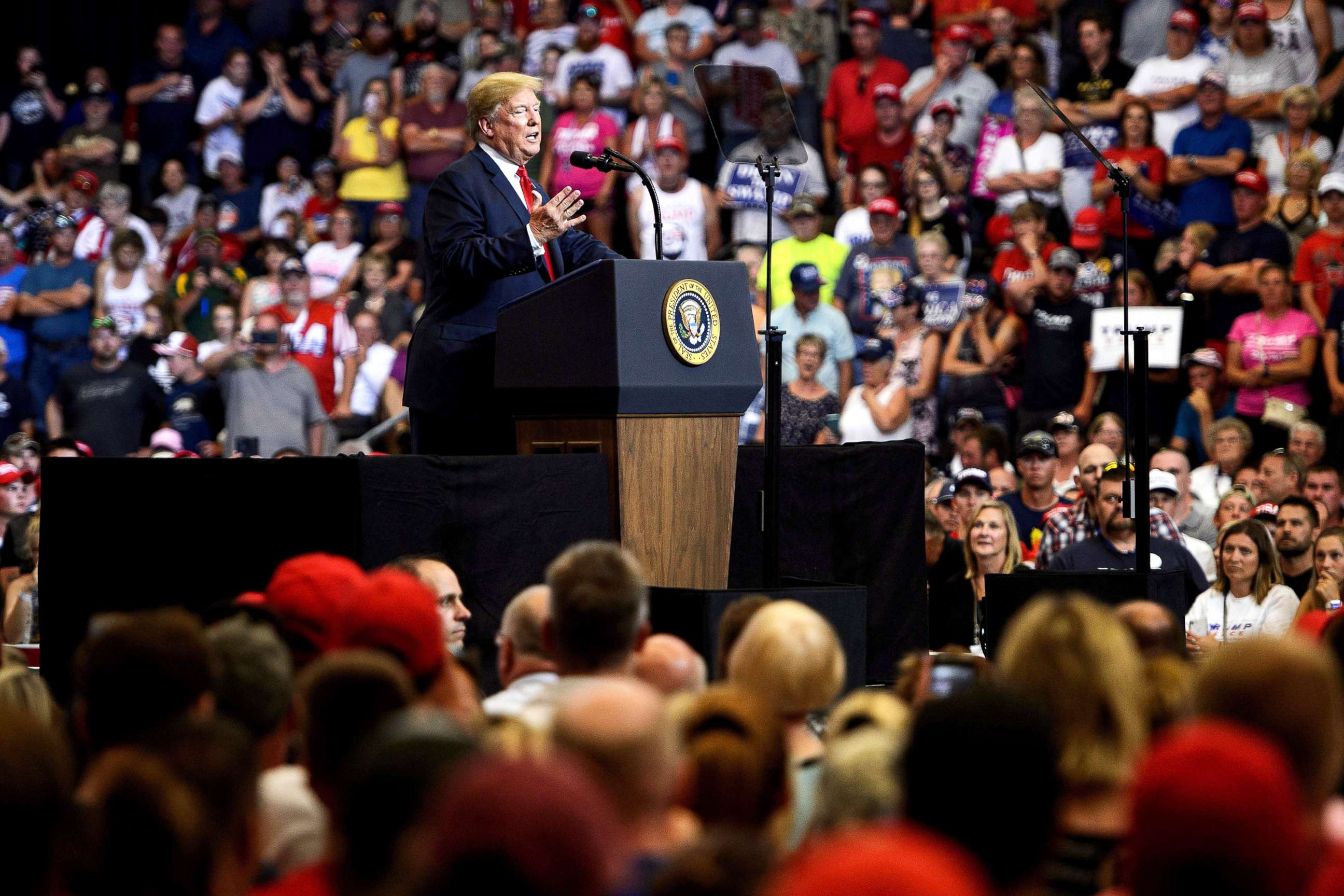 PHOTO: President Donald Trump speaks during a rally for Rep. Kevin Cramer on June 27, 2018, in Fargo, N.D.