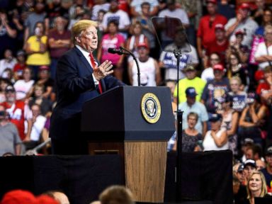 PHOTO: President Donald Trump speaks during a rally for Rep. Kevin Cramer on June 27, 2018, in Fargo, N.D.
