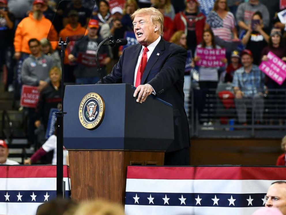 PHOTO: President Donald Trump speaks during a rally in Council Bluffs, Iowa, Oct. 9, 2018.