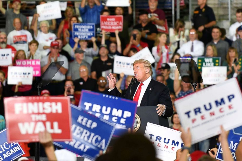 PHOTO: Donald Trump speaks during a "Make America Great Again" rally on Oct. 10, 2018, in Erie, Pa.