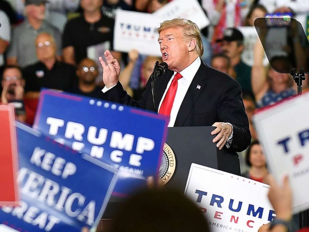 PHOTO: Donald Trump speaks during a Make America Great Again rally on Oct. 10, 2018, in Erie, Pa.