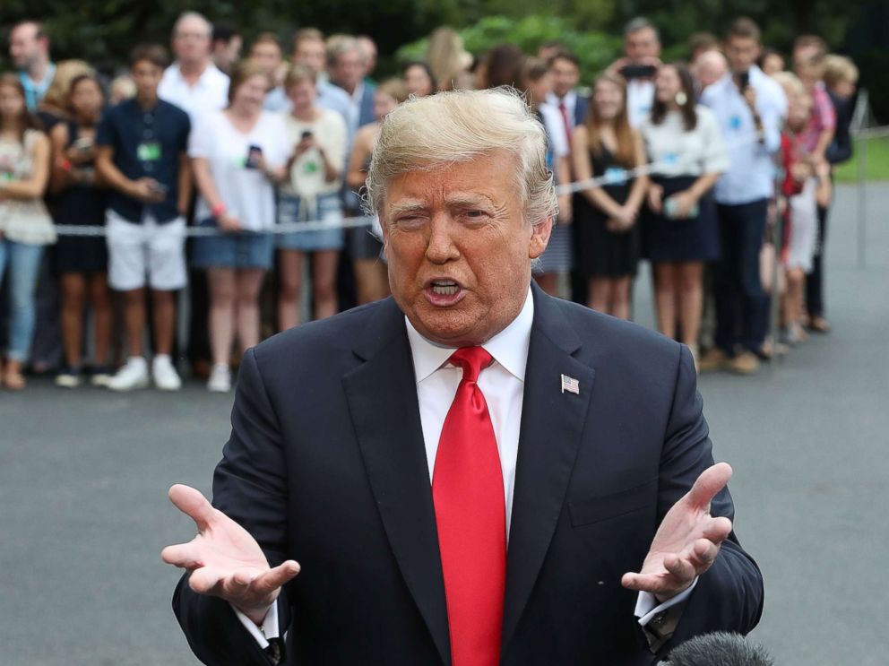 PHOTO: President Donald Trump speaks to the media about the upcoming Senate vote on Brett Kavanaugh before departing the White House, on Oct. 6, 2018 in Washington.