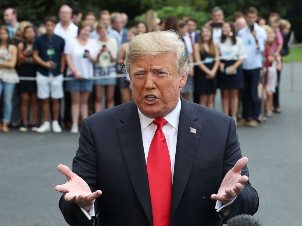 PHOTO: President Donald Trump speaks to the media about the upcoming Senate vote on Brett Kavanaugh before departing the White House, on Oct. 6, 2018 in Washington.