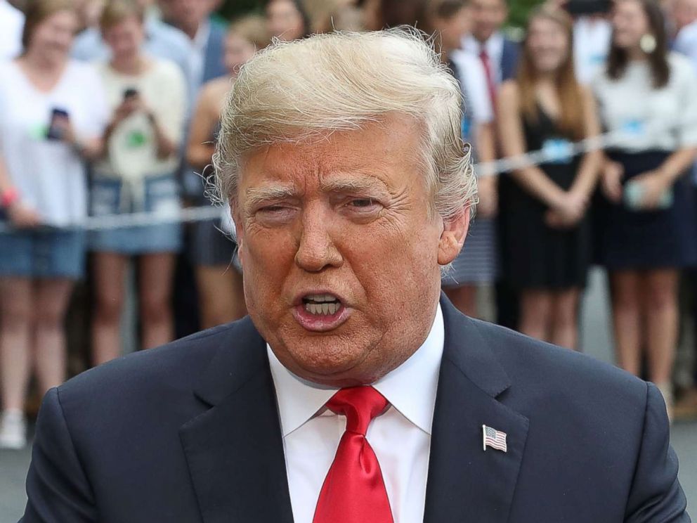 PHOTO: President Donald Trump speaks to the media about the upcoming Senate vote on Brett Kavanaugh before departing the White House, on Oct. 6, 2018 in Washington.