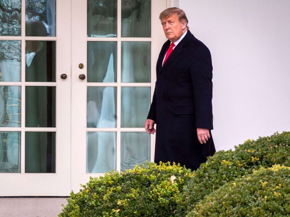 PHOTO: In this Dec. 31, 2020, file photo, President Donald Trump walks to the Oval Office after he and First Lady Melania Trump arrive on the South Lawn of the White House after returning from Florida, in Washington, D.C.