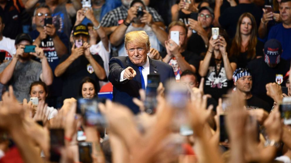 PHOTO: President Donald Trump speaks at a political rally at Mohegan Sun Arena in Wilkes-Barre, Pa., Aug. 2, 2018.