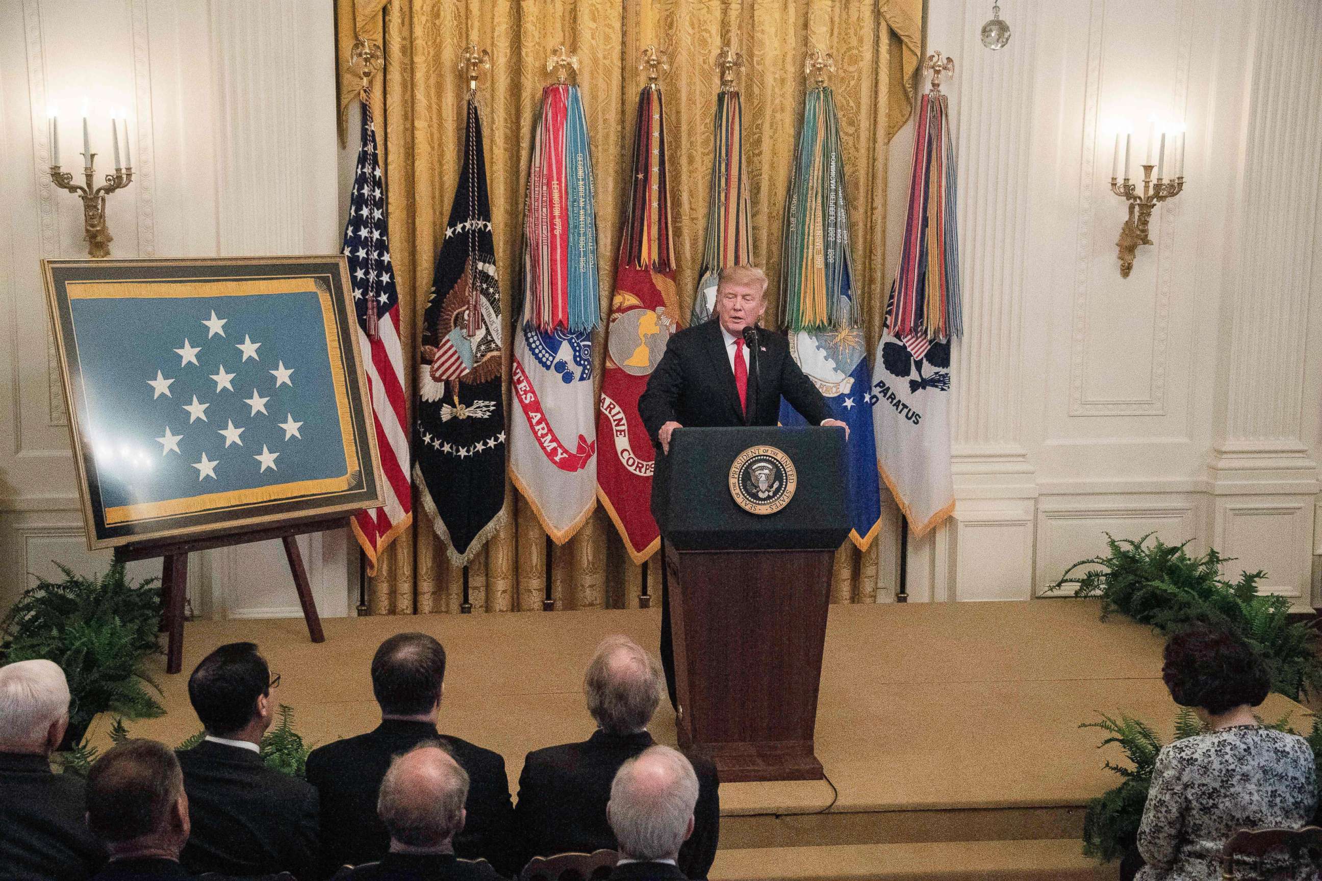 PHOTO: President Donald Trump addresses a Congressional Medal of Honor Society reception at the White House in Washington, DC, Sept. 12, 2018.