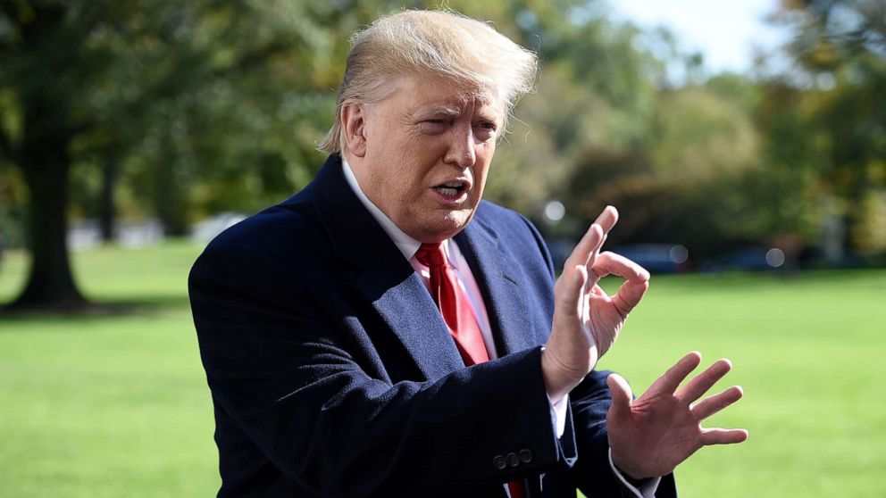 PHOTO: President Donald Trump talks to the media on the South Lawn upon his return to the White House by Marine One, in Washington, D.C., Nov. 3, 2019, after returning from a trip to New York.