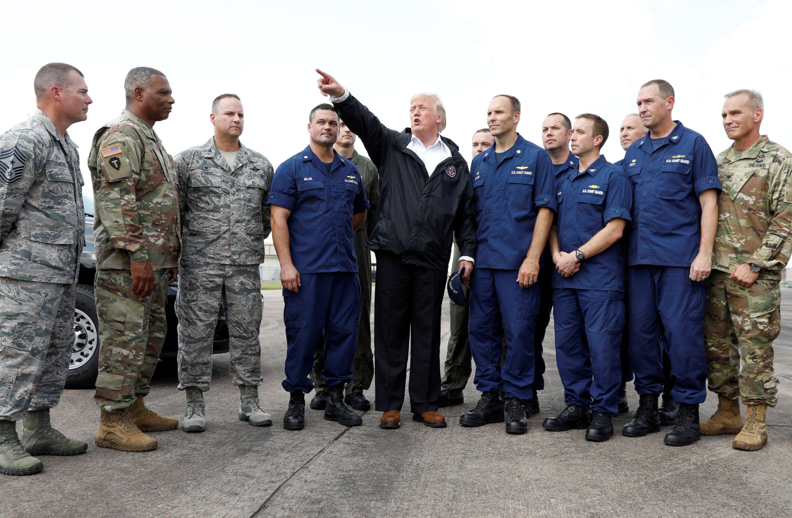 PHOTO: President Donald Trump speaks with troops and members of the United States Coast Guard at Ellington Field, in Houston, Sept. 2, 2017.  