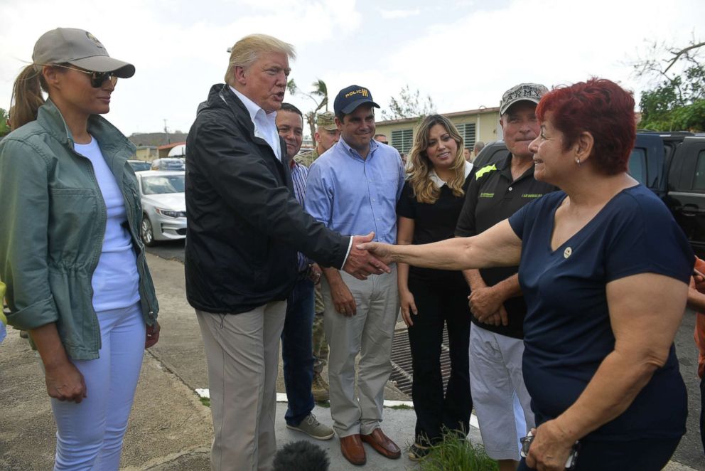 PHOTO: President Donald Trump and first lady Melania Trump visit residents affected by Hurricane in Guaynabo, Puerto Rico, Oct. 3, 2017.