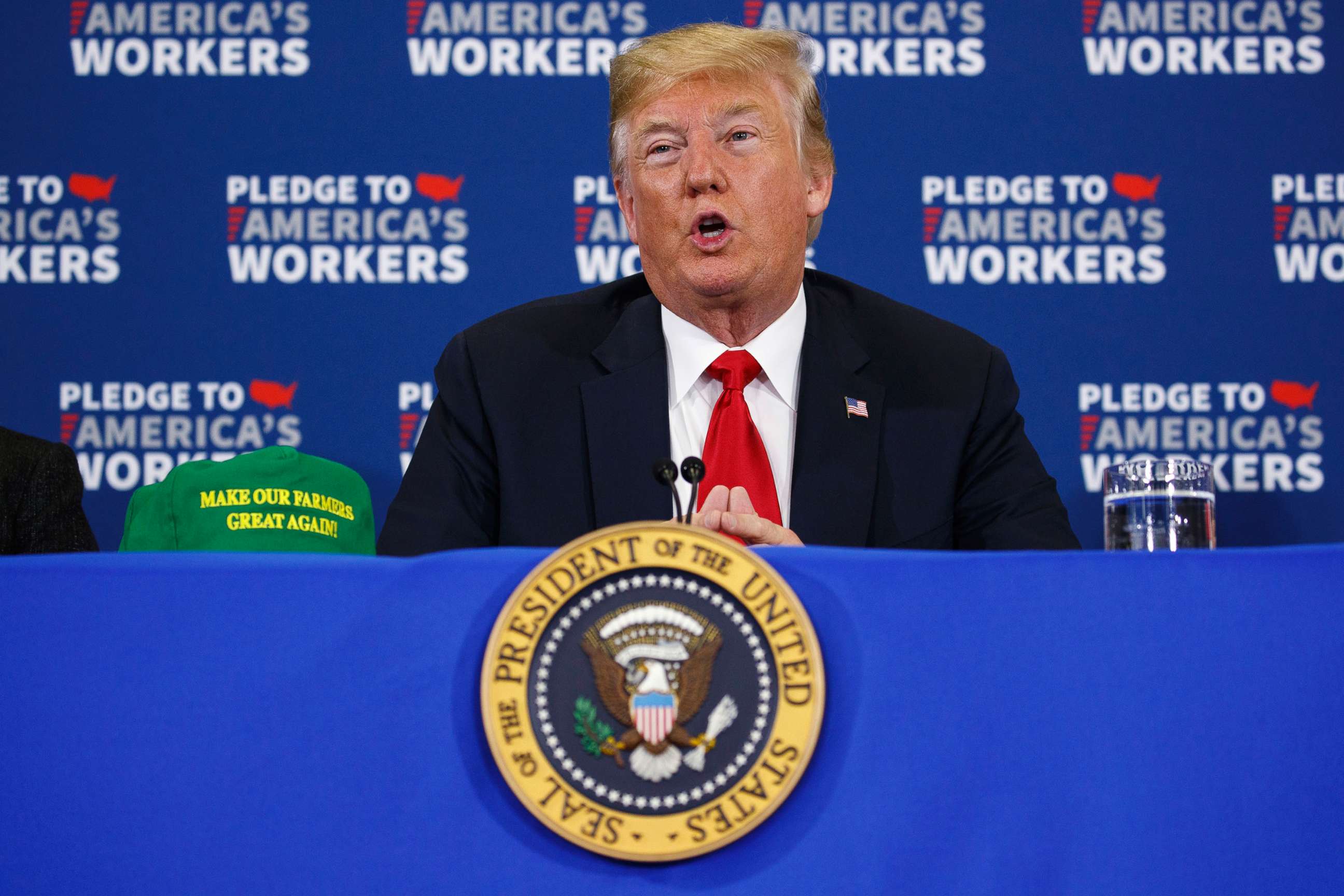 PHOTO: President Donald Trump speaks during a roundtable discussion on workforce development at Northeast Iowa Community College, July 26, 2018, in Peosta, Iowa.