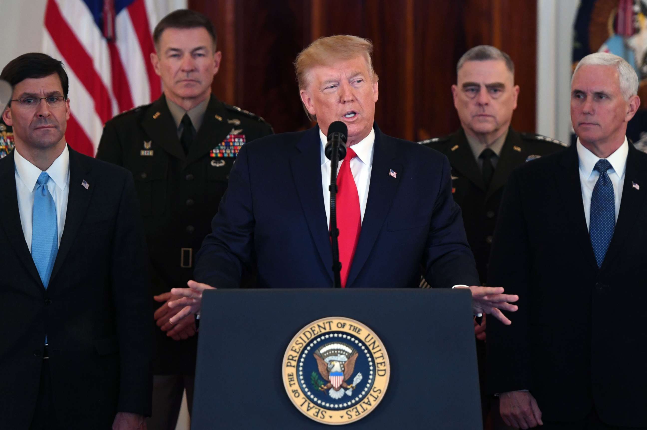 PHOTO: President Donald Trump speaks about the situation with Iran in the Grand Foyer of the White House in Washington, Jan. 8, 2020.