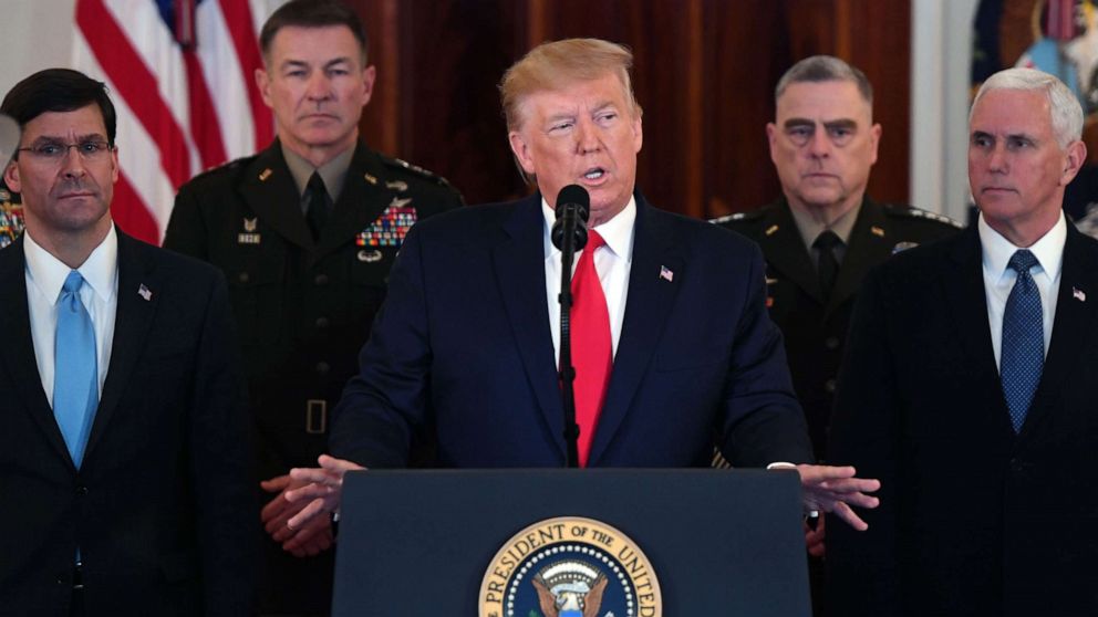 PHOTO: President Donald Trump speaks about the situation with Iran in the Grand Foyer of the White House in Washington, Jan. 8, 2020.