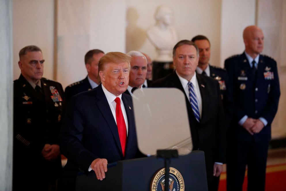 PHOTO: President Donald Trump addresses the nation from the White House on the ballistic missile strike that Iran launched against Iraqi air bases housing U.S. troops, Jan. 8, 2020, in Washington.