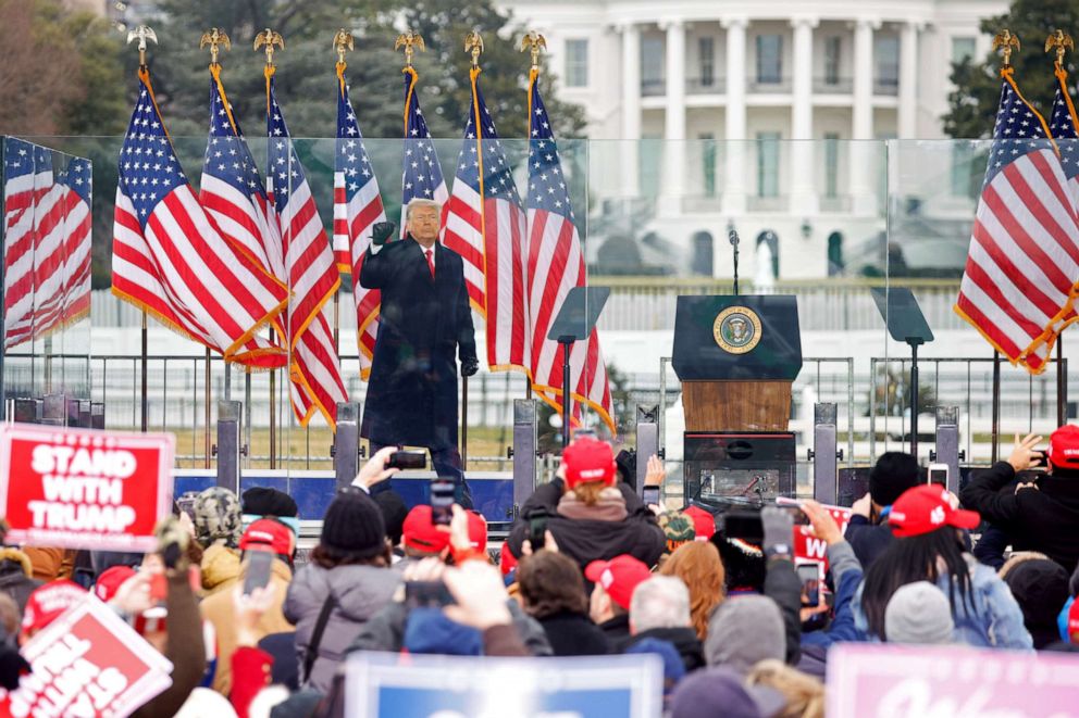 PHOTO: President Donald Trump makes a fist at the end of his speech during a rally to contest the certification of the 2020 U.S. presidential election results by the U.S. Congress, in Washington, Jan. 6, 2021.