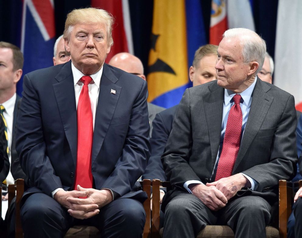 PHOTO: In this file photo taken on Dec. 15, 2017, President Donald Trump sits with Attorney General Jeff Sessions in Quantico, Va., before participating in the FBI National Academy graduation ceremony.