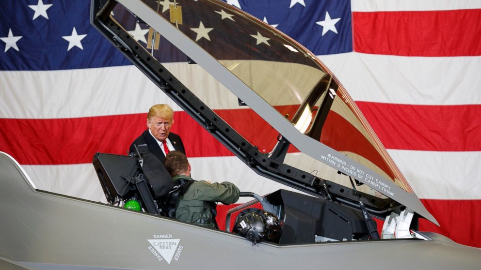 PHOTO: President Donald Trump talks to a pilot in the cockpit of an F-35 aircraft during a Defense Capability Tour at Luke Air Force Base, Ariz., Friday, Oct. 19, 2018. 