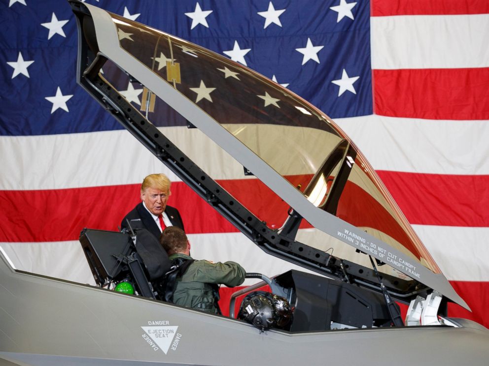 PHOTO: President Donald Trump talks to a pilot in the cockpit of an F-35 aircraft during a Defense Capability Tour at Luke Air Force Base, Ariz., Friday, Oct. 19, 2018.