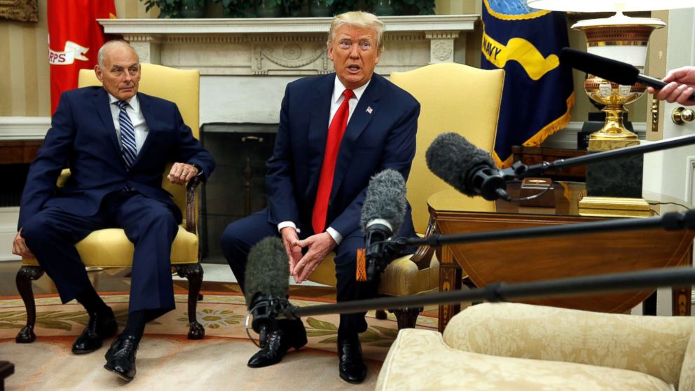 President Donald Trump speaks to journalists after John Kelly was sworn in as White House Chief of Staff in the Oval Office of the White House in Washington, July 31, 2017.