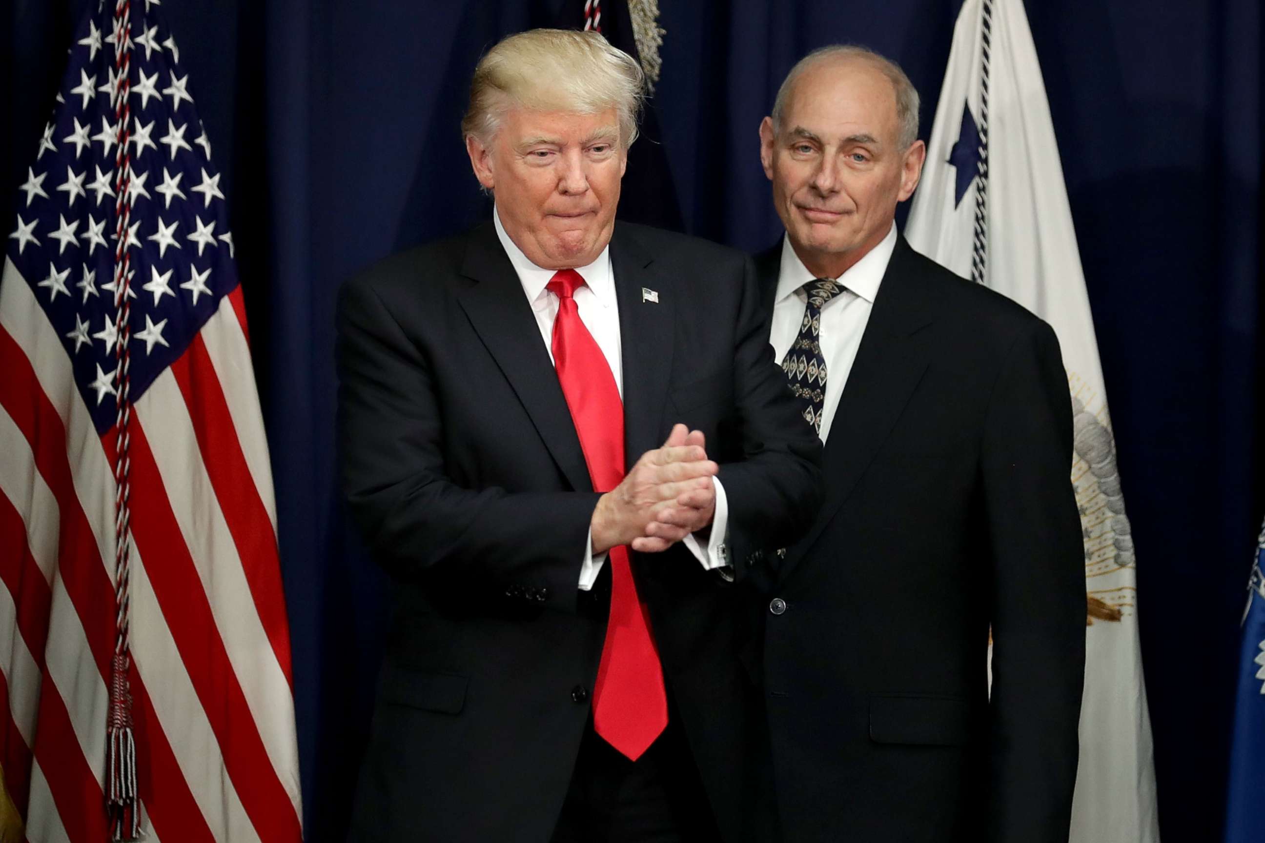 PHOTO: President Donald Trump is joined by Homeland Security Secretary John Kelly (R) during a visit to the Department of Homeland Security, Jan. 25, 2017 in Washington, D.C.