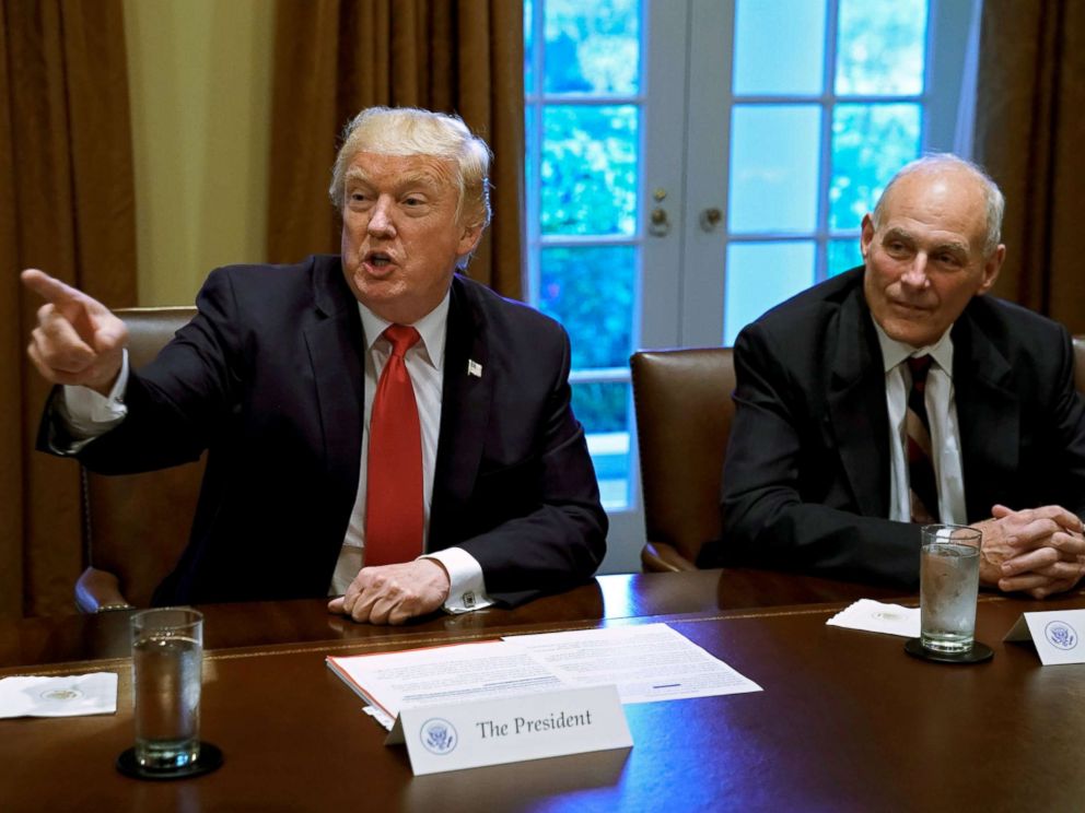 PHOTO: President Donald Trump gestures next to White House Chief of Staff John Kelly during a briefing with senior military leaders at the White House in Washington, D.C., Oct. 5, 2017.