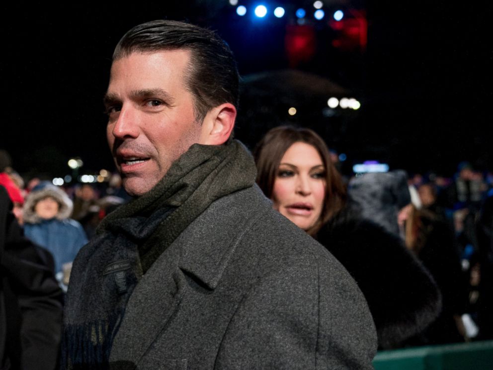 PHOTO: In this Nov. 28, 2018, file photo, Donald Trump Jr., center, and Kimberly Guilfoyle, right, depart following the National Christmas Tree lighting ceremony at the Ellipse near the White House in Washington. 