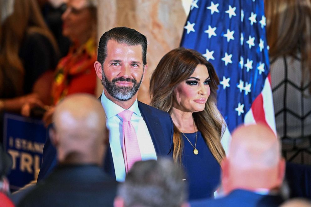 PHOTO: Donald Trump Jr. and Kimberly Guilfoyle attend former president Donald Trump's press conference following his court appearance over an alleged 'hush-money' payment, at his Mar-a-Lago estate in Palm Beach, Fla., on April 4, 2023.