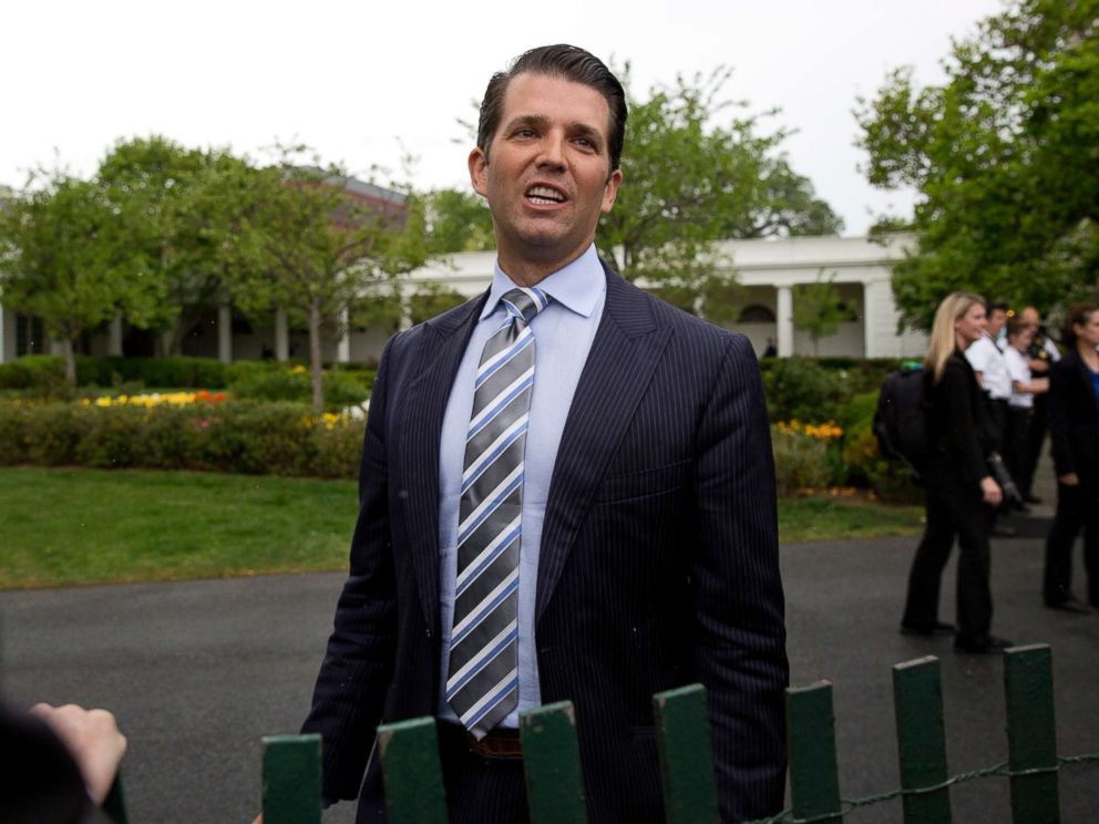 PHOTO: Donald Trump Jr., the son of President Donald Trump, speaks to media on the South Lawn of the White House in Washington, April 17, 2017.