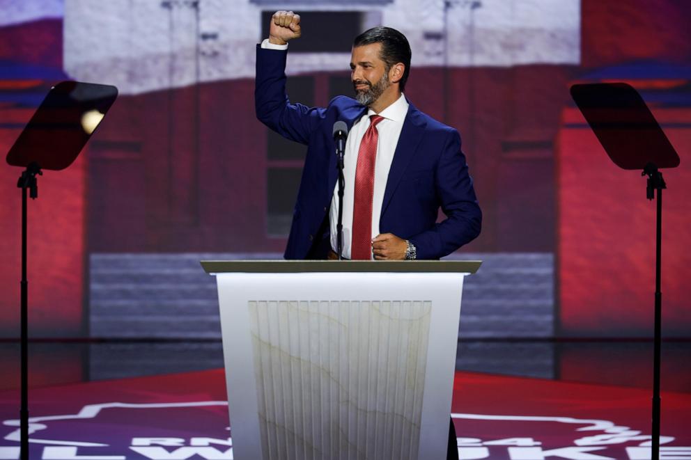 PHOTO: Donald Trump Jr., son of former U.S. President Donald Trump speaks on stage on the third day of the Republican National Convention on July 17, 2024 in Milwaukee, Wis.