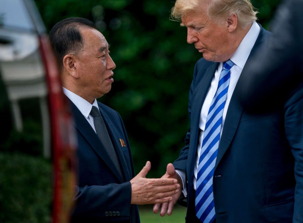PHOTO: President Donald Trump shakes hands with Kim Yong Chol, former North Korean military intelligence chief and one of leader Kim Jong Un's closest aides, as after their meeting in the Oval Office of the White House in Washington, June 1, 2018.