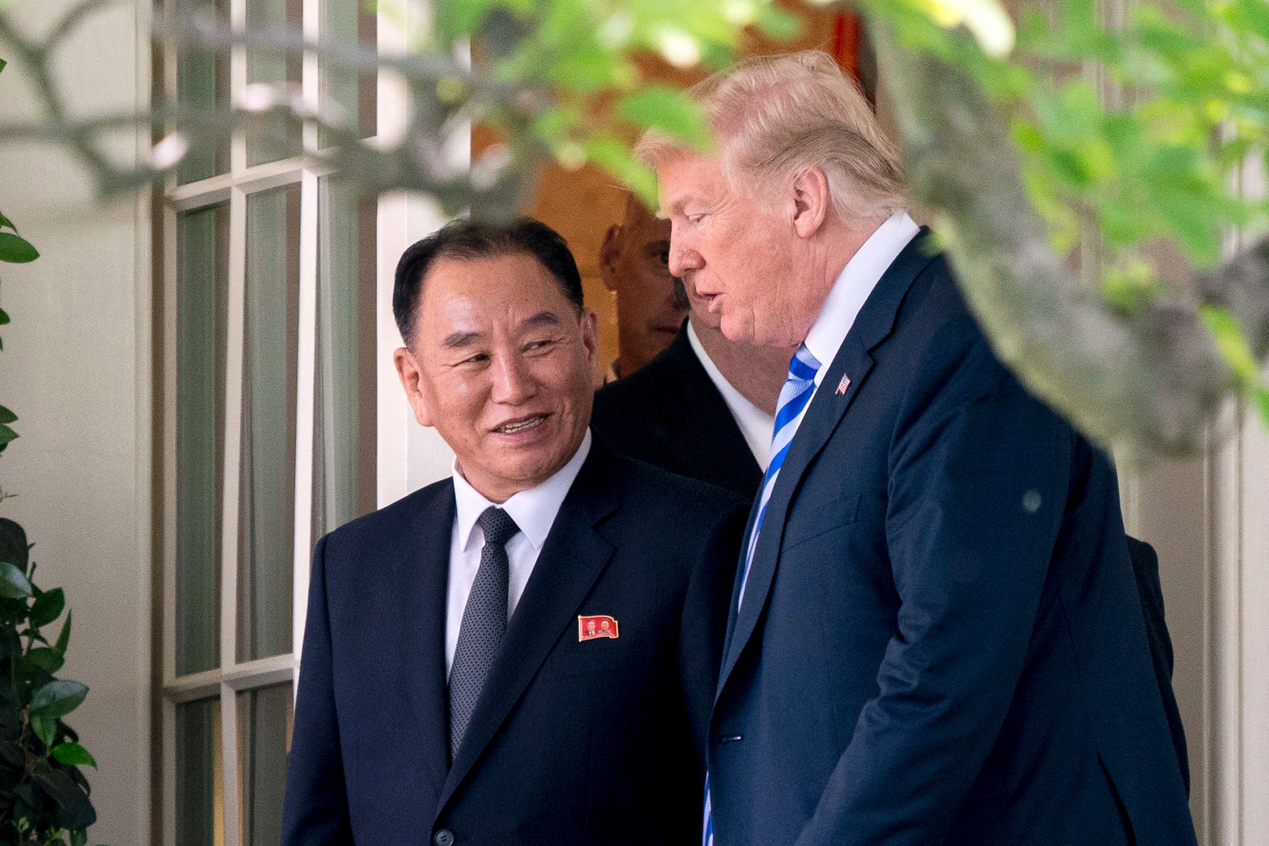 PHOTO: President Donald Trump talks with Kim Yong Chol, former North Korean military intelligence chief and one of leader Kim Jong Un's closest aides, as they walk from their meeting in the Oval Office of the White House in Washington, June 1, 2018.