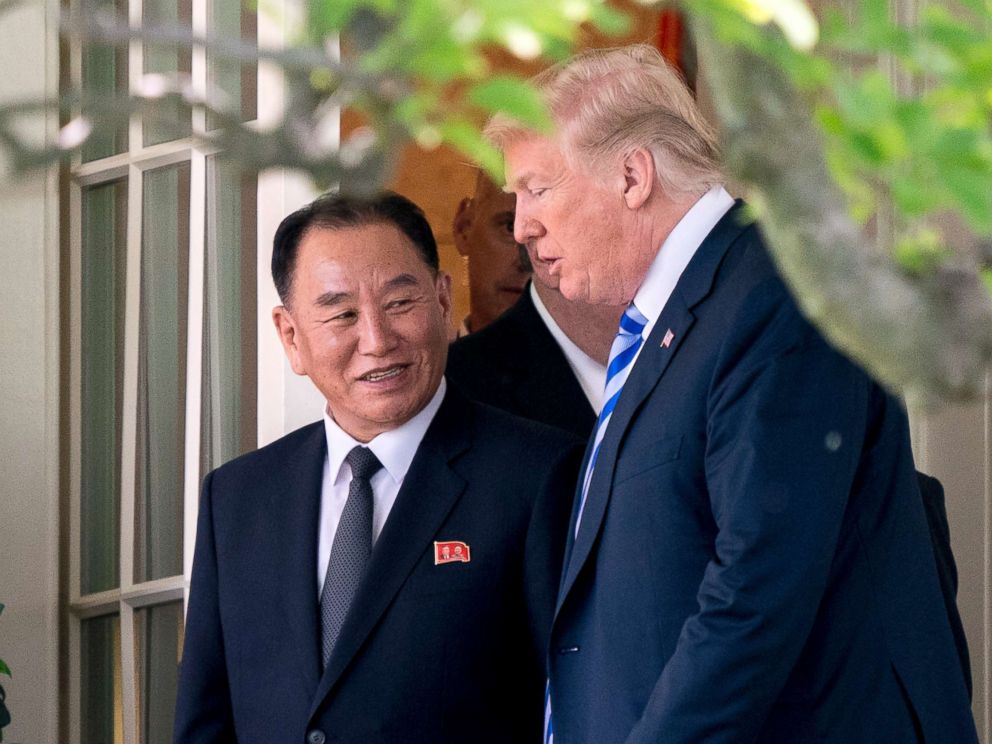 PHOTO: President Donald Trump talks with Kim Yong Chol, former North Korean military intelligence chief and one of leader Kim Jong Uns closest aides, as they walk from their meeting in the Oval Office of the White House in Washington, June 1, 2018.