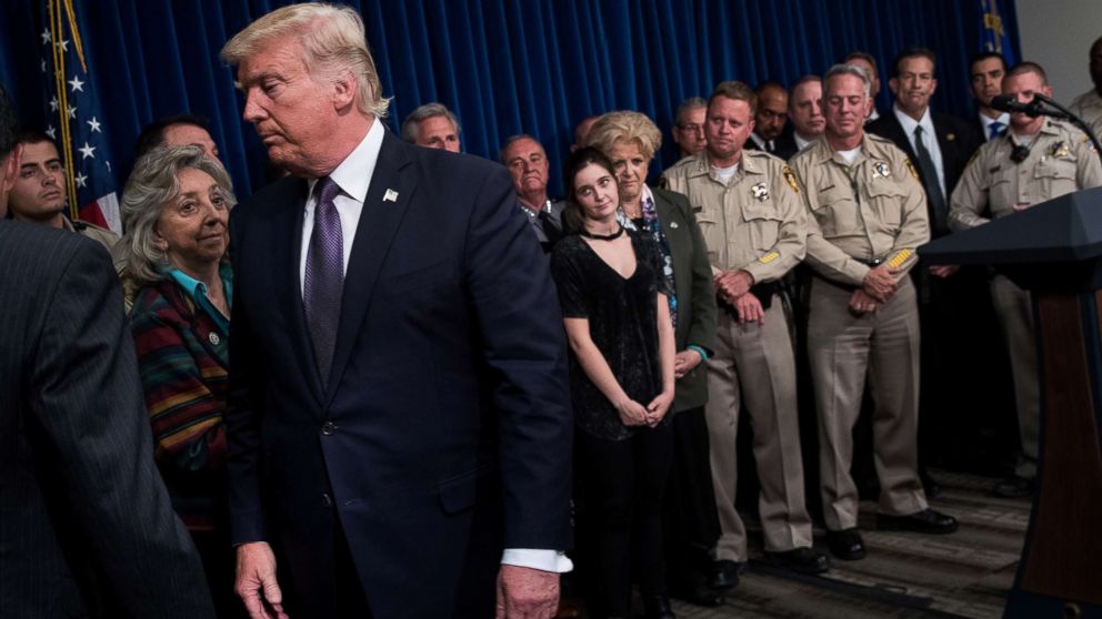President Donald Trump exits after speaking in a room full of police officers and family members at Las Vegas Metropolitan Police Department headquarters, Oct. 4, 2017 in Las Vegas.