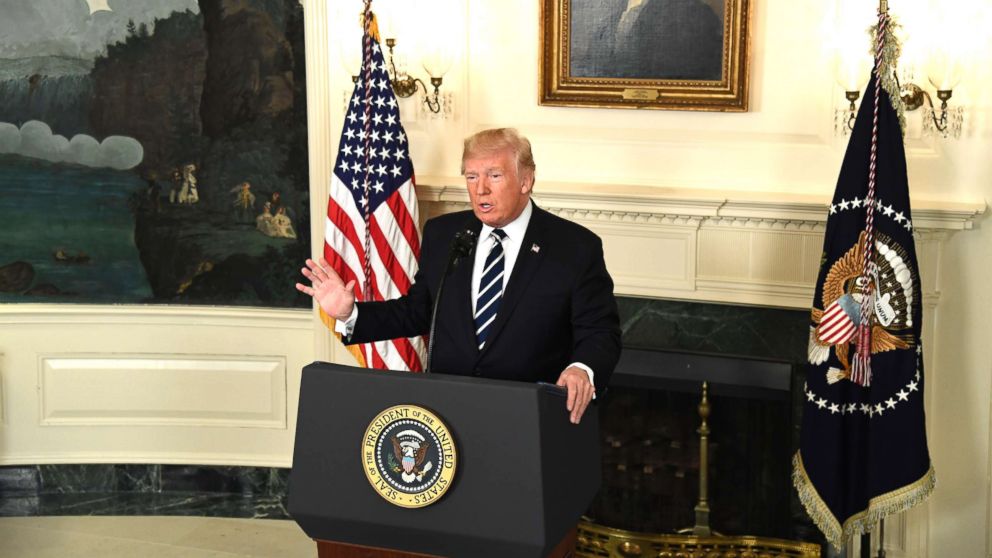 President Donald J. Trump makes remarks on the mass shooting in Las Vegas, from the Diplomatic Room at the White House, Washington, Oct. 2, 2017. 