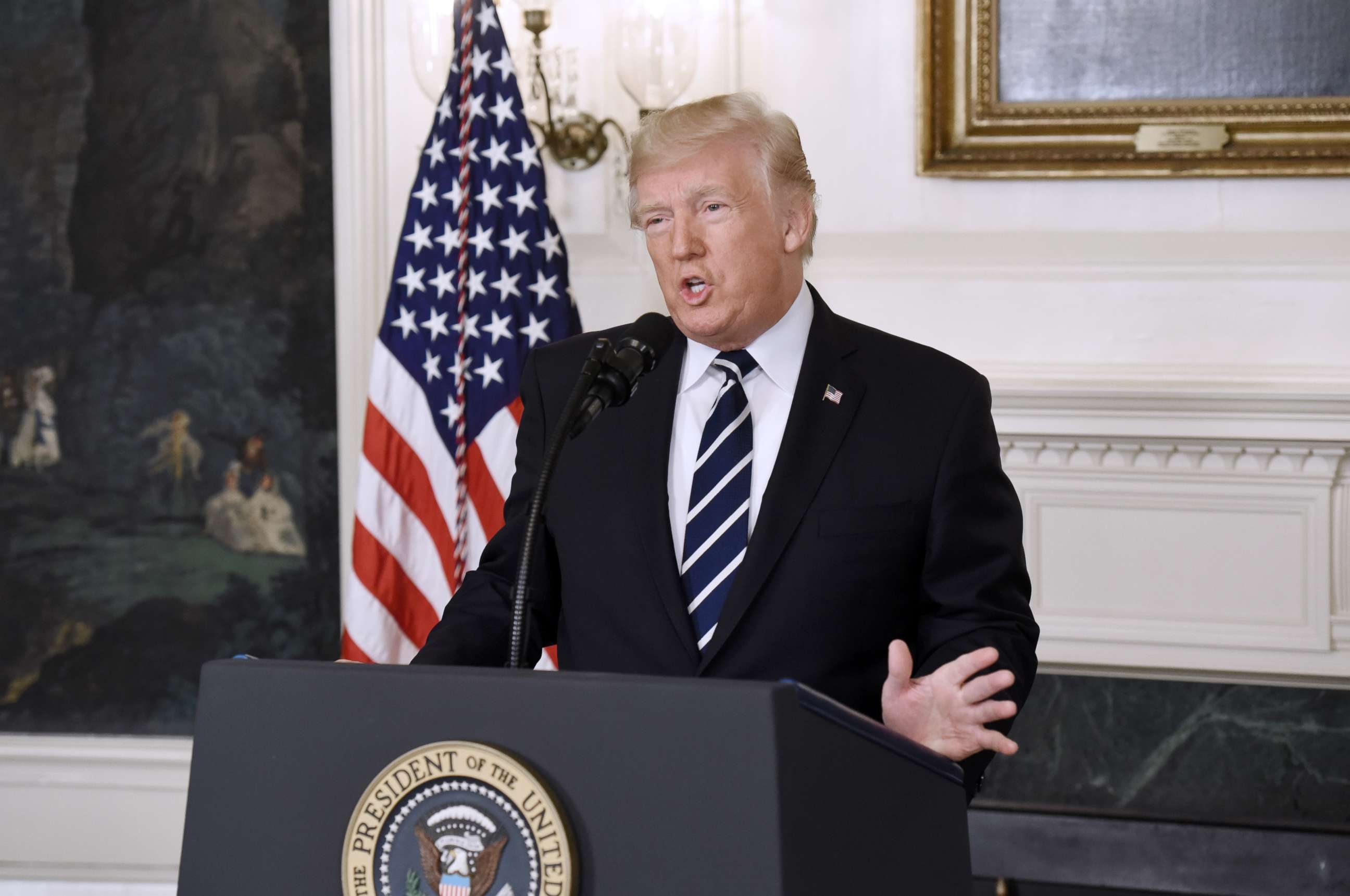 PHOTO: President Donald Trump makes a statement on the mass shooting at an outdoor concert in Las Vegas, in the diplomatic room of the White House in Washington, Oct. 2, 2017.