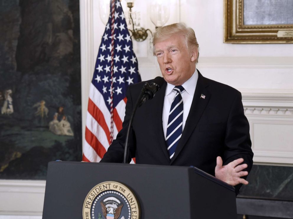 PHOTO: President Donald Trump makes a statement on the mass shooting at an outdoor concert in Las Vegas, in the diplomatic room of the White House in Washington, Oct. 2, 2017.