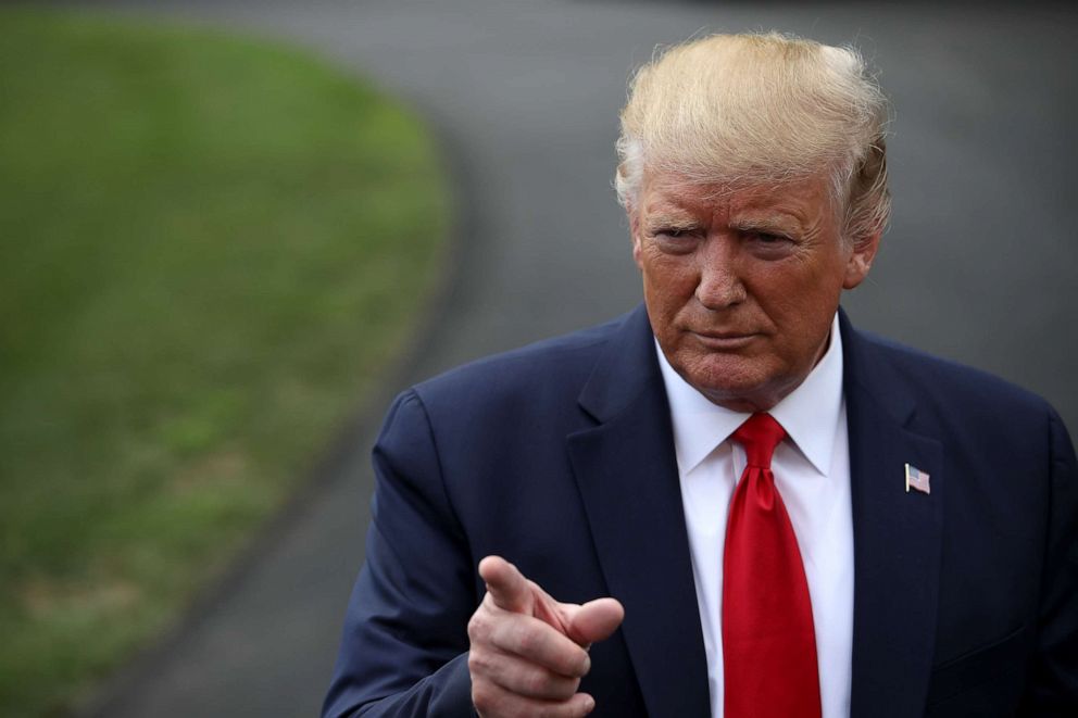 PHOTO: President Donald Trump speaks to members of the press at the White House before departing on Sept. 09, 2019, in Washington.