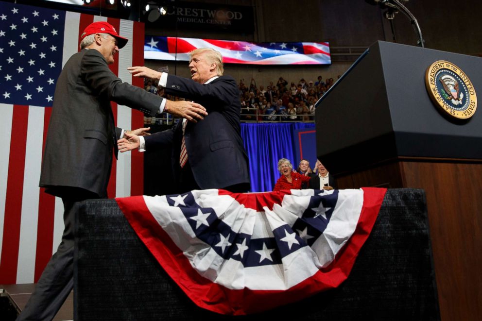 PHOTO: President Donald Trump hugs Senate candidate Luther Strange during a campaign rally, Sept. 22, 2017, in Huntsville, Ala.