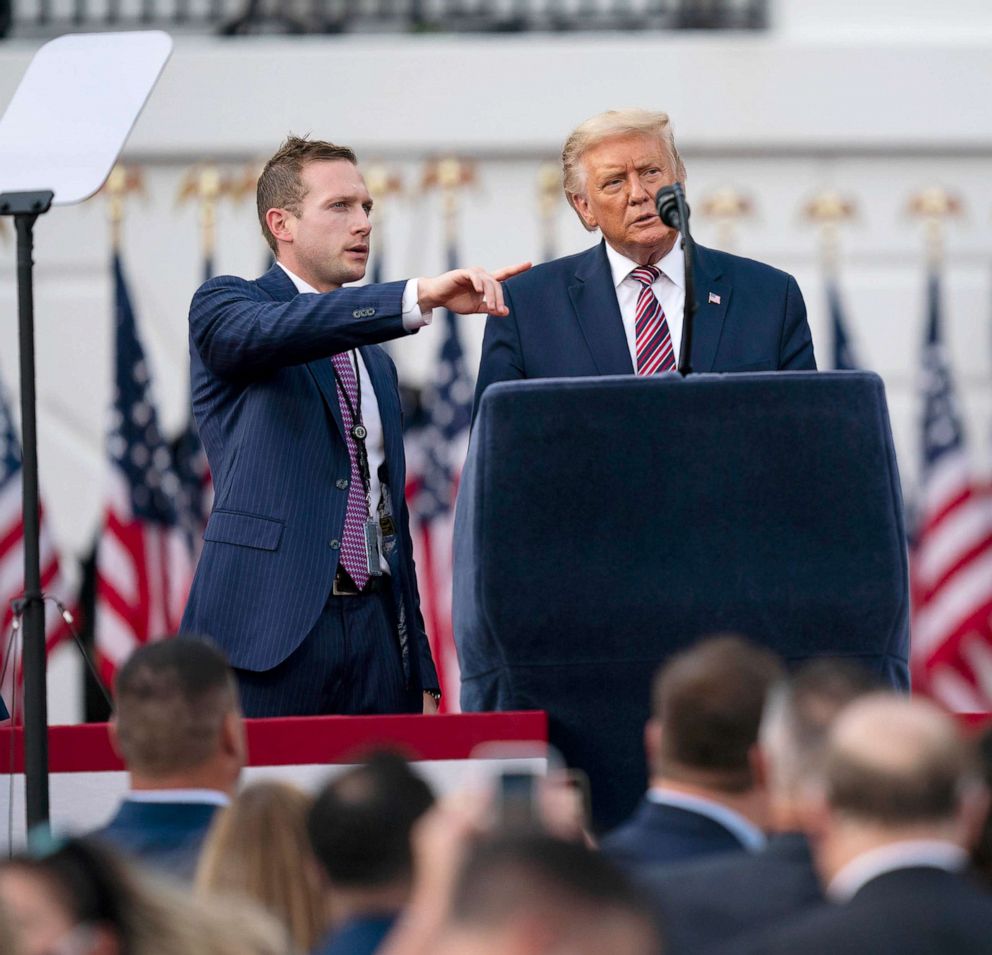 PHOTO: President Donald Trump talks with Deputy Campaign Manager for Presidential Operations Max Miller before his speech to the Republican National Convention on the South Lawn of the White House, Aug. 27, 2020.