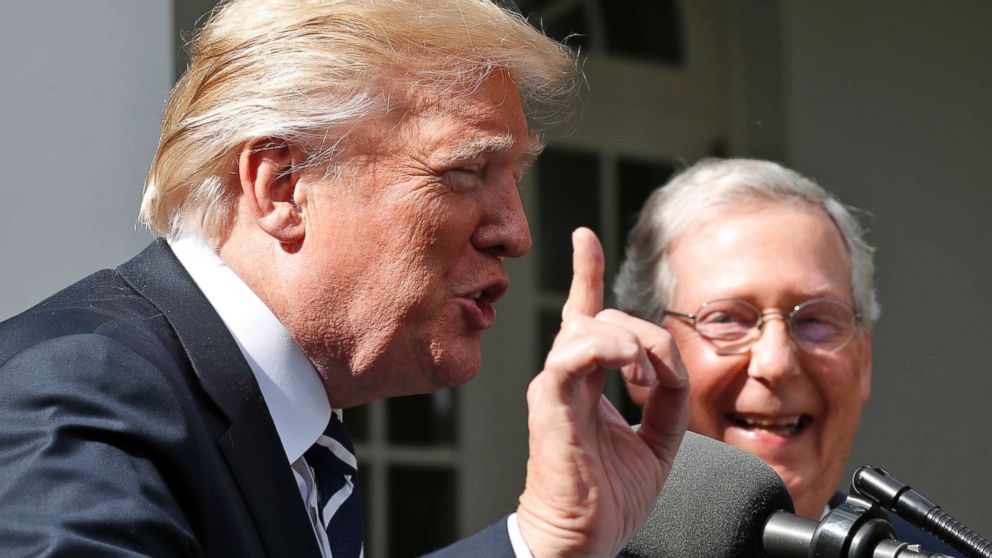 PHOTO: President Donald Trump and Senate Majority Leader Mitch McConnell speak to reporters in the Rose Garden of the White House after their meeting, Oct. 16, 2017, in Washington.