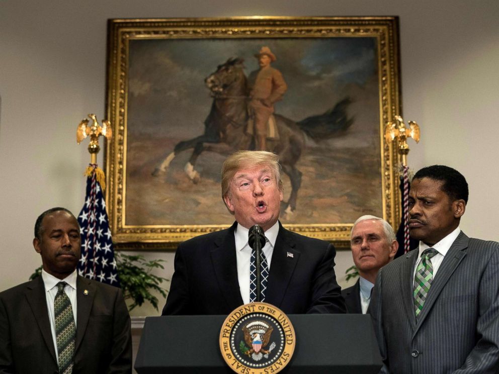 PHOTO: Secretary of Housing and Urban Development Ben Carson, Vice President Mike Pence and Isaac Newton Farris Jr. listen while President Donald Trump speaks about Martin Luther King Jr. in the White House Jan. 12, 2018 in Washington.